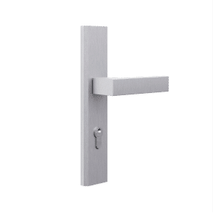 SET 03: Drücker innen, Knauf außen, aus Edelstahl, eckig. Standardrosette inkl. Profilzylinder mit 3 Schlüssel